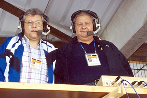 Milton Neves e Paulo Stein na cobertura da Copa do Mundo da França, em 1998